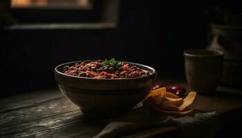 Healthy meal on rustic wooden table outdoors generated by AI photo