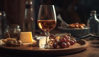 gastrónomo vino y queso en rústico mesa generado por ai foto