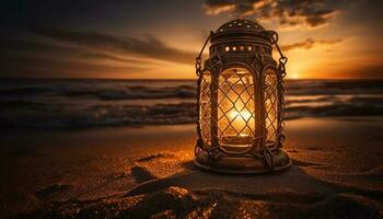 Antique lantern glows in tranquil summer dusk generated by AI photo