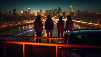 Young adults enjoy city nightlife, illuminated skyline generated by AI photo