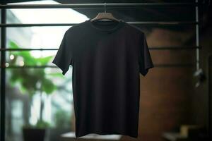 Black cotton T-shirt hanging on a hanger, a place for text photo