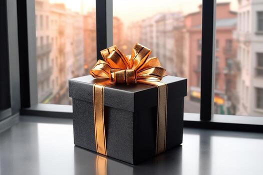 A black square box with a ribbon and a bow stands on the window. photo