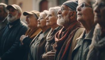 Active seniors walking outdoors, smiling in togetherness generated by AI photo