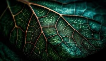 Vibrant leaf vein pattern on dark backdrop generated by AI photo