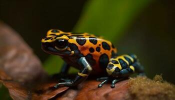 Poison arrow frog sitting on green leaf generated by AI photo