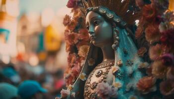 mujer Orando a antiguo azul estatua adentro generado por ai foto