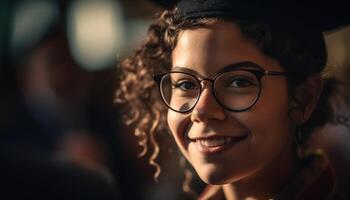 joven mujer con marrón pelo sonrisas felizmente al aire libre generado por ai foto