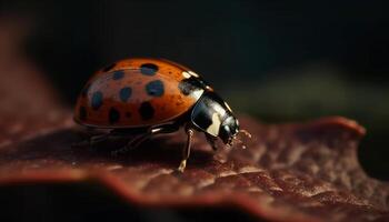 manchado mariquita gatea en verde hoja al aire libre generado por ai foto