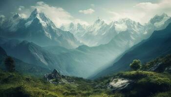 Majestic mountain range, tranquil meadow, panoramic beauty generated by AI photo