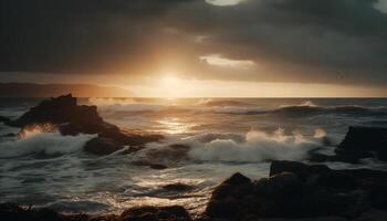 Sunset over tranquil seascape, waves splashing rocks generated by AI photo