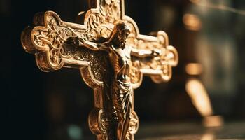 Close up of old wooden religious cross praying generated by AI photo