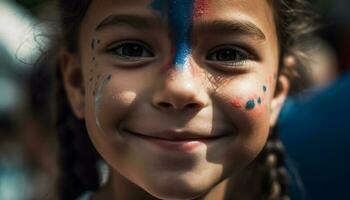 Cute girl with face paint shows patriotism outdoors generated by AI photo