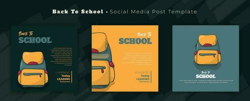 Set of social media template with green yellow design with school bag for back to school campaign vector