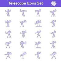 aislado telescopio icono conjunto en púrpura y blanco color plano estilo. vector