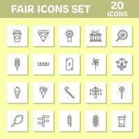 Black Line Art Set Of Fair Icons On Yellow And White Square Background. vector