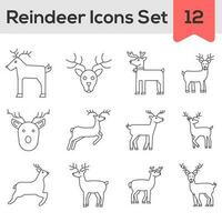 Black Line Art Set of Reindeer Icon In Flat Style. vector