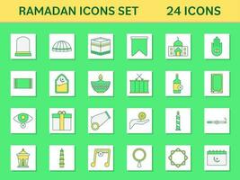 24 Ramadán icono conjunto en verde y blanco cuadrado antecedentes. vector