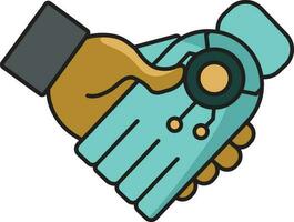 Robo And Human Shaking Hand Icon In Teal And Ecru Olive Color. vector