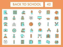 espalda a colegio 42 íconos en naranja y cian color. vector