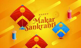 Happy Makar Sankranti celebration concept with illustration of colorful kites and string spools on glowing abstract background. vector