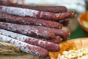 Stack of chorizo market stall photo