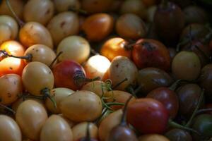 Stack of Tamarillos on a market stall photo