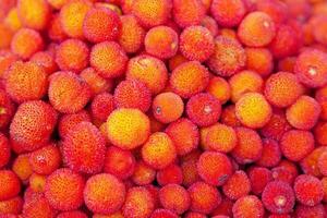 Stack of Arbutus berries on a market stall photo