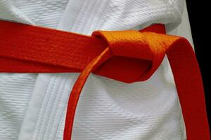 Orange obi sash tied around a gi photo