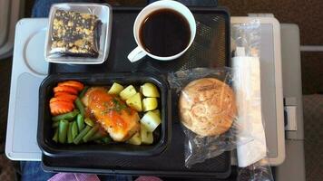 Top view of Tray of food on the plane video