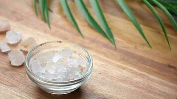 Close up of pink rock salt in a bowl on table video