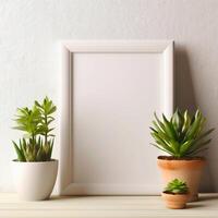 mock-up of an interior blank picture frame in a bright room with succulents and lots of natural light photo