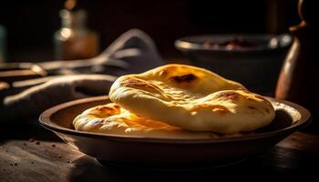 Freshly baked homemade bread, ready to eat snack generated by AI photo