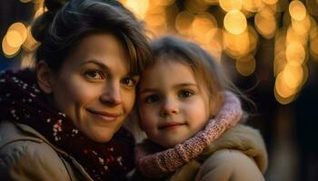 Cute family embracing in winter night outdoors generated by AI photo