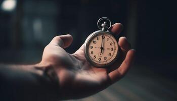 Caucasian businessman holding old fashioned metal stopwatch generated by AI photo