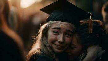 joven mujer abrazo en graduación vestido celebracion generado por ai foto
