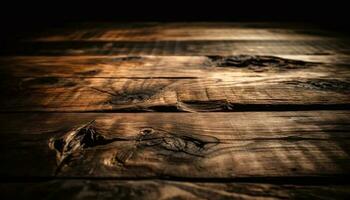 Rustic hardwood plank table, weathered tree backdrop generated by AI photo