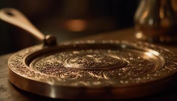 Gold coin on wooden table, symbolizing wealth generated by AI photo