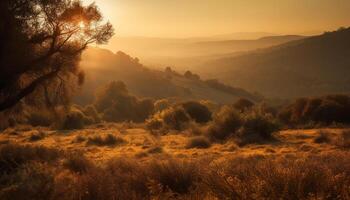 Mountain peak back lit by orange sunrise generated by AI photo