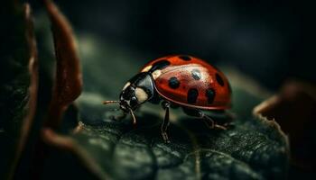 Spotted ladybug crawling on green leaf generated by AI photo