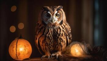 Great horned owl staring, perched on branch generated by AI photo