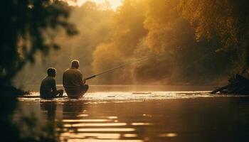 hombres y mujer pescar juntos a puesta de sol generado por ai foto