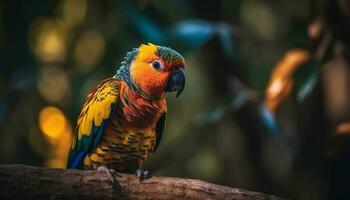 Vibrant macaw perching on branch in rainforest generated by AI photo