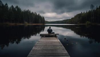 Tranquil scene of people meditating by water generated by AI photo