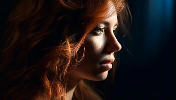 hermosa mujer con rojo cabello, mirando lejos generado por ai foto