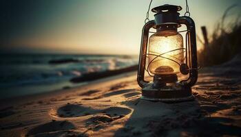 Old lantern glows in natural sunset beauty generated by AI photo