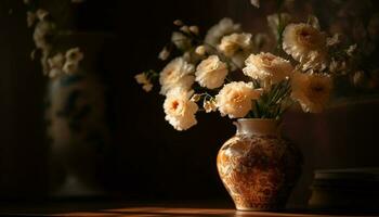 Rustic flower arrangement on wooden table indoors generated by AI photo