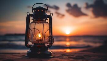 Glowing lantern illuminates romantic sunset on coastline generated by AI photo