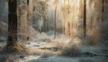 Tranquil scene of winter forest in snow generated by AI photo