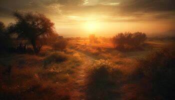 tranquilo puesta de sol terminado rural paisaje, naturaleza belleza generado por ai foto