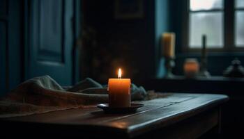 Candle burning, glowing flame brings relaxation indoors generated by AI photo